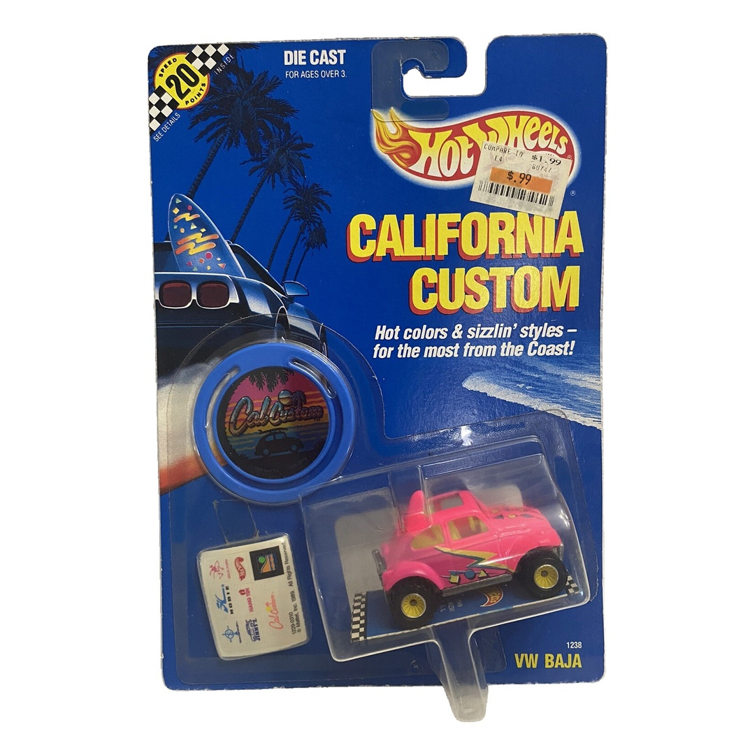 Baja Bug (Fluorescent Pink, Yellow Real Riders) in original California Custom packaging