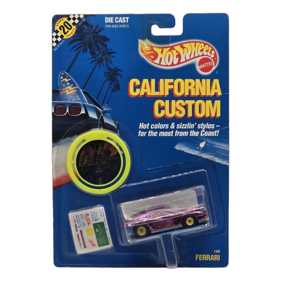 Ferrari Testarossa (Chrome Magenta, Yellow Real Riders) in original California Custom packaging
