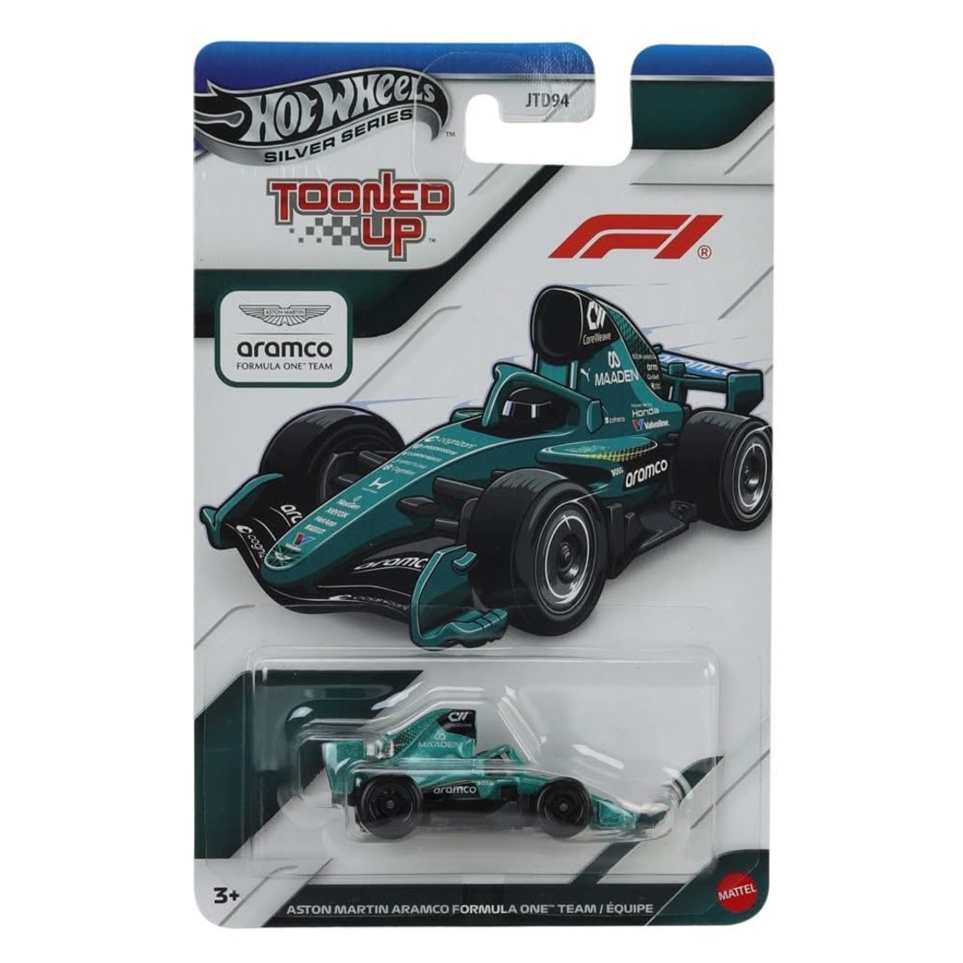 Green Aston Martin Aramco Formula One Team car in its 2027 F1 Tooned Up Silver Series packaging