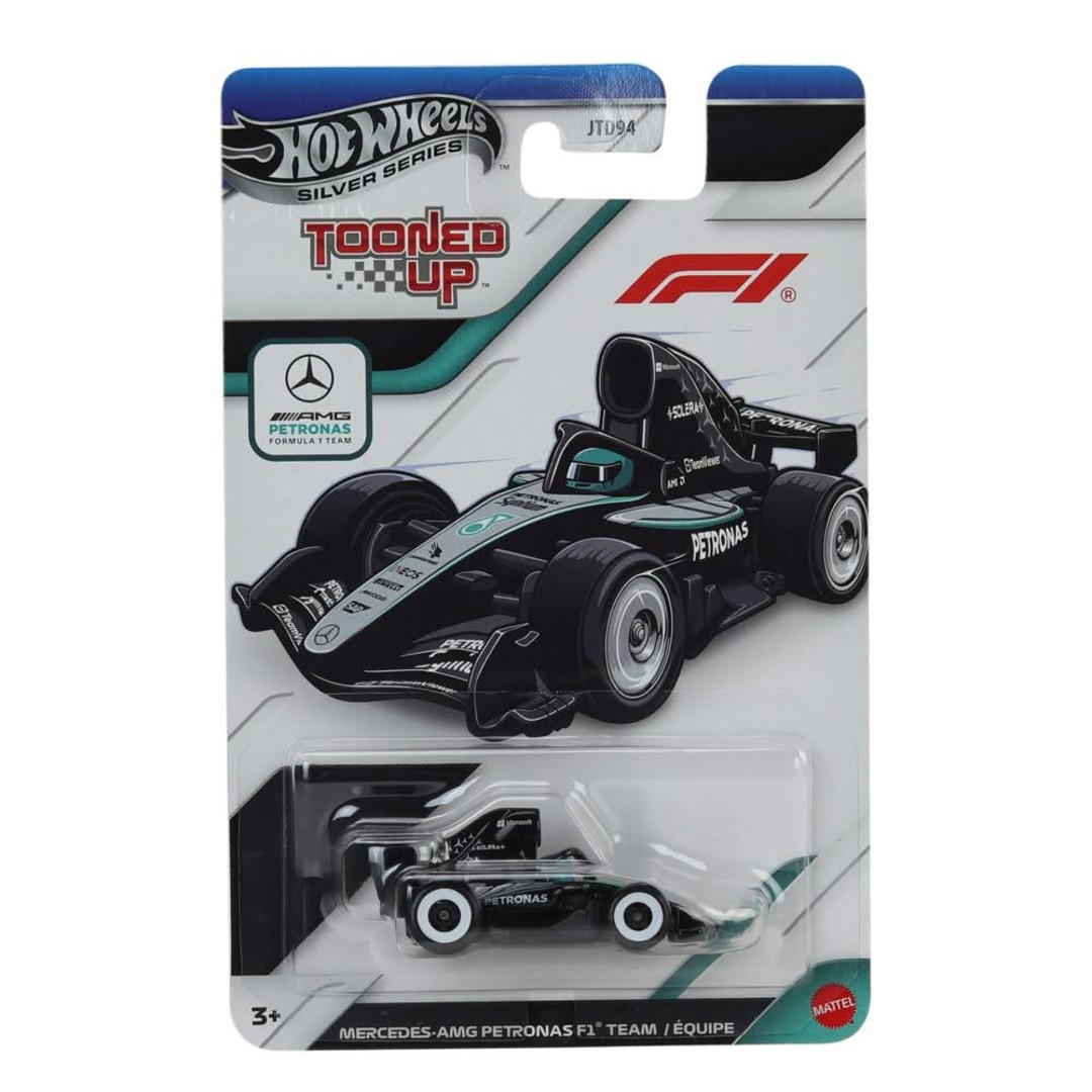 Black Mercedes-AMG Petronas F1 Team car in its 2027 F1 Tooned Up Silver Series packaging