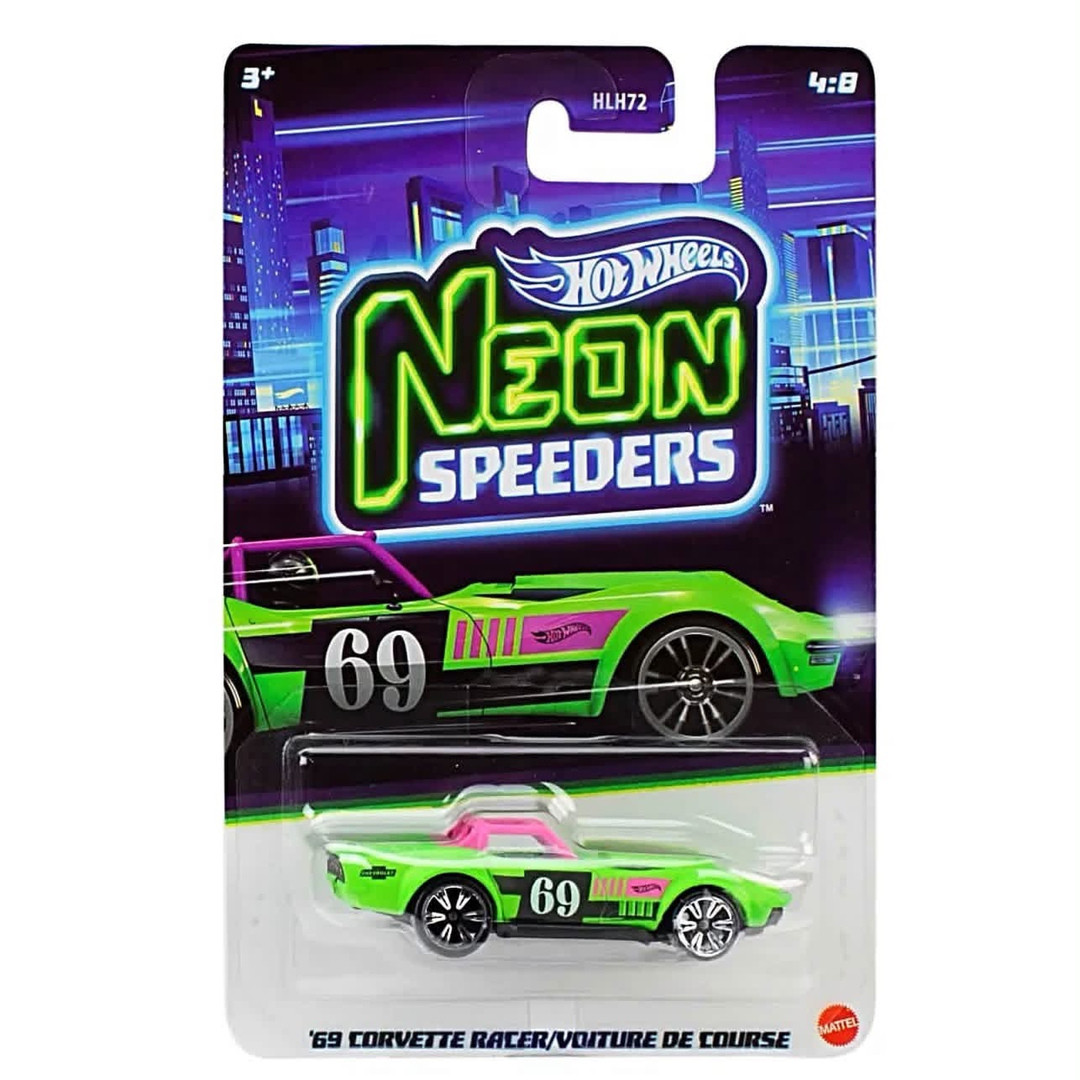 2027 Hot Wheels Neon Speeders '69 Corvette Racer in its full card and blister packaging