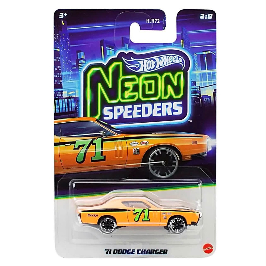 2027 Hot Wheels Neon Speeders '71 Dodge Charger in its full card and blister packaging