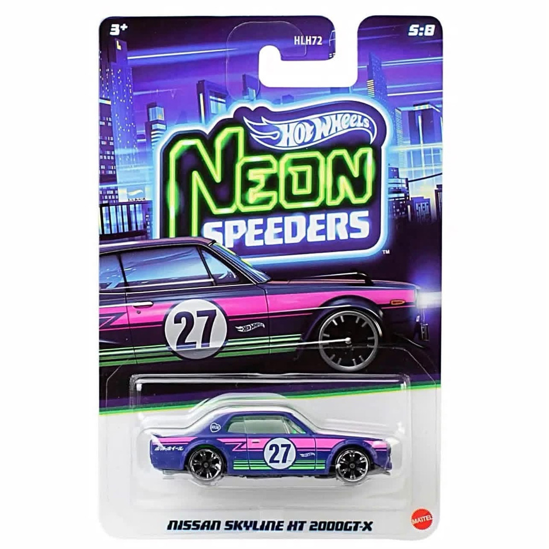 2027 Hot Wheels Neon Speeders Nissan Skyline HT 2000GT-X in its full card and blister packaging