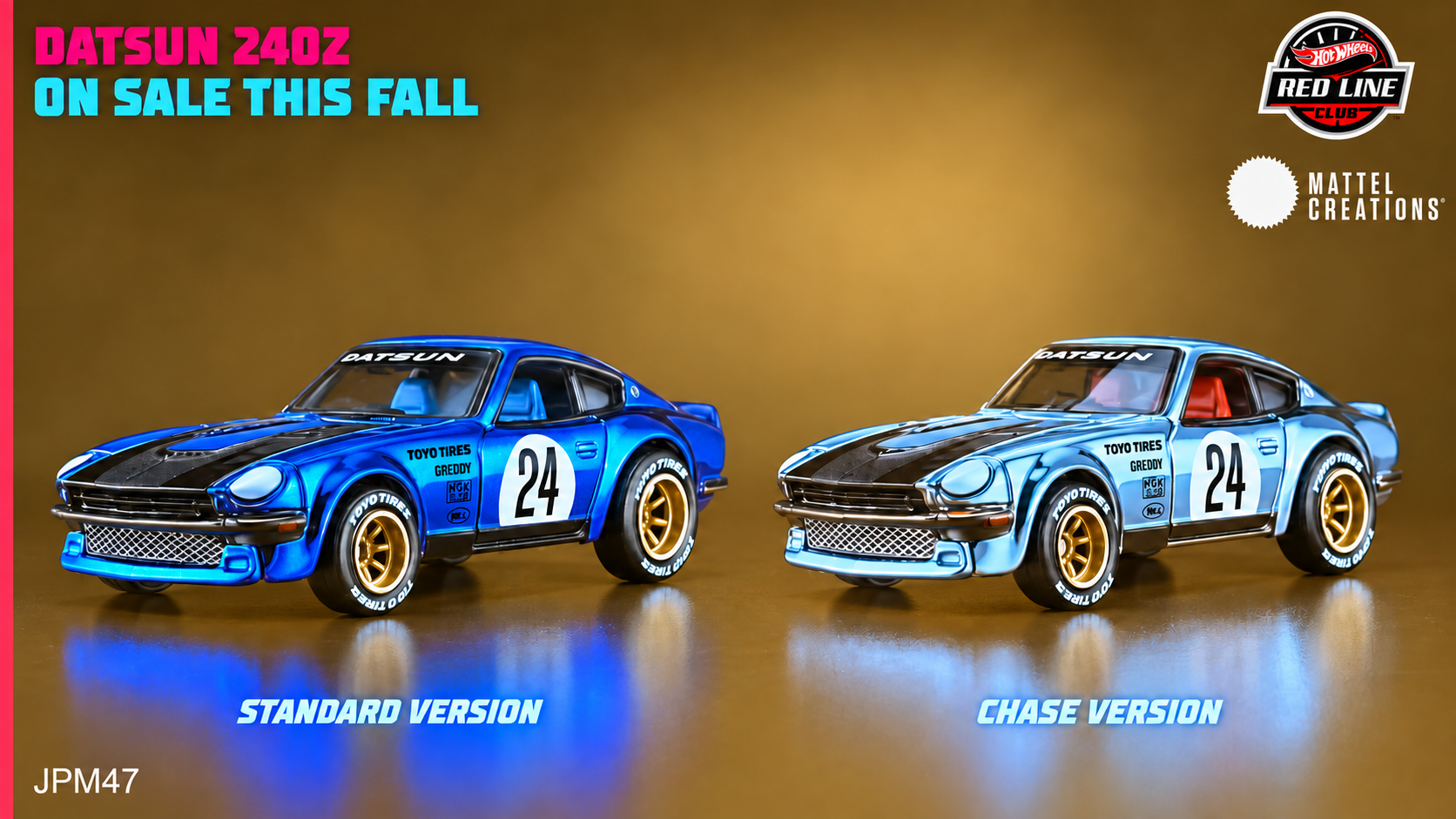Enhanced Datsun 240Z preview showing the blue standard version and chrome chase