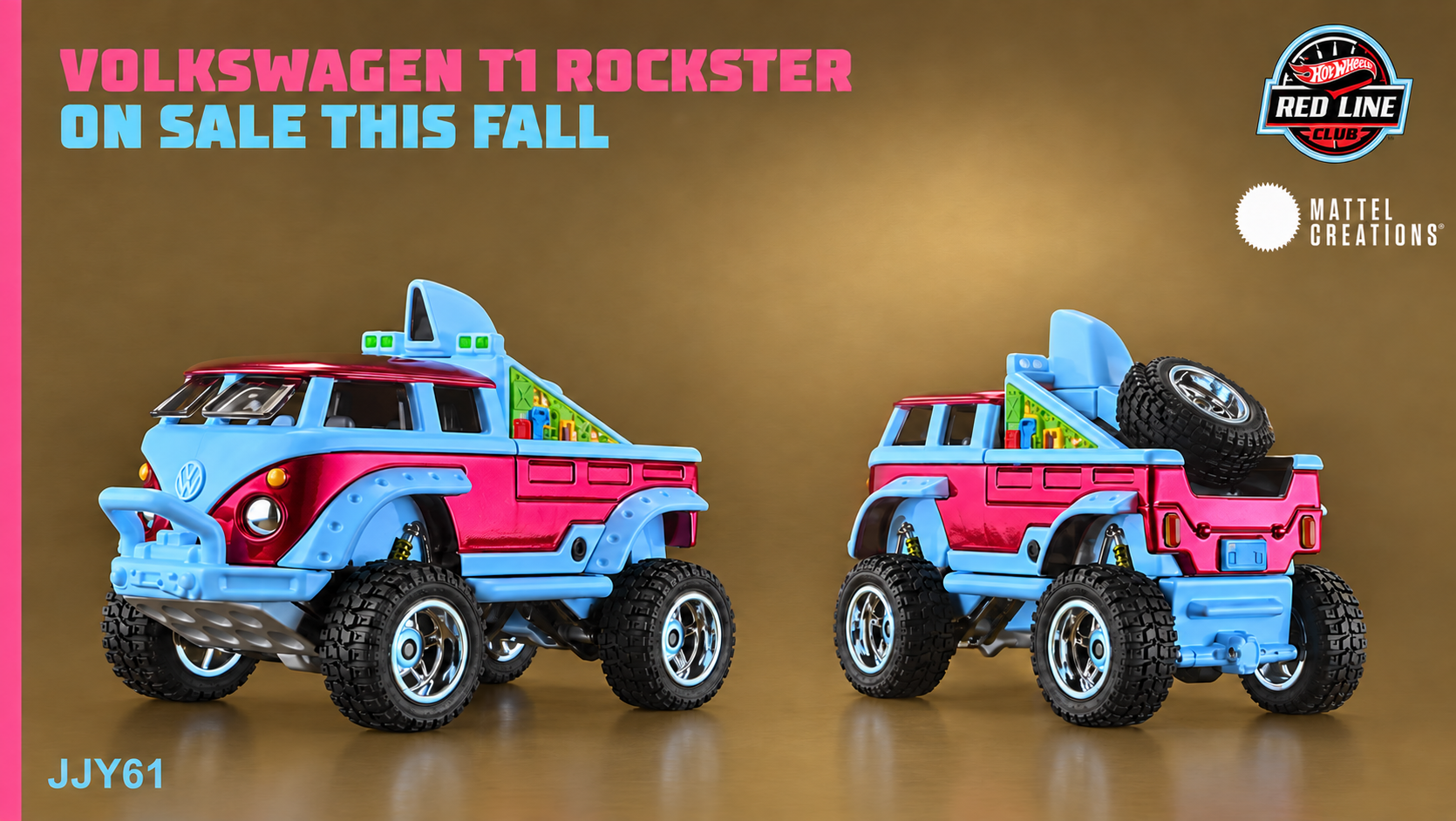 Enhanced Volkswagen T1 Rockster preview showing its pink and blue body and black rear spare tire