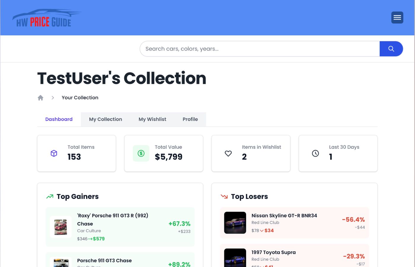 HW Price Guide collection dashboard screenshot
