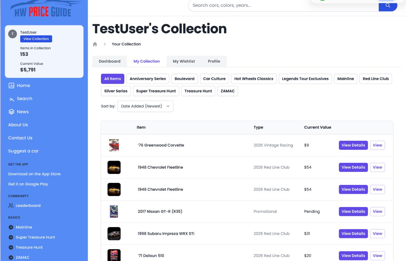 HW Price Guide collection tracking screenshot
